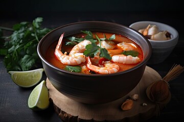 Poster - bowl of hot and spicy tom yam soup with shrimp, lemongrass, and lime leaves, created with generative ai