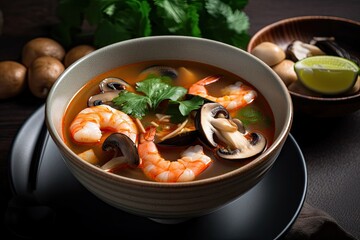 Sticker - bowl of tom yam soup with shrimp and mushrooms, created with generative ai