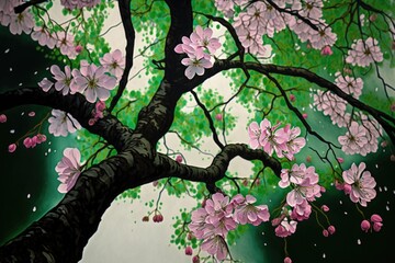 Wall Mural - close-up of blossoming cherry tree, with pink petals and green leaves, created with generative ai