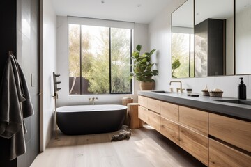 Sticker - a minimalist bathroom with no clutter, featuring sleek and modern decor, created with generative ai