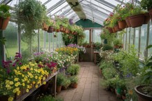 Greenhouse With Hanging Baskets Of Flowers And Herbs, Created With Generative Ai