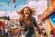 Headshot portrait photography of a grinning girl in her 30s jumping against a vibrant festival background. With generative AI technology