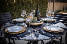 Outdoor Dining Table Set For Four With Wine Glasses, Plates, And Silverware, Created With Generative Ai