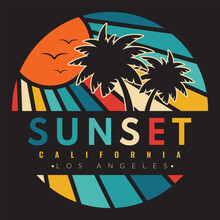 Retro Vintage California Sunset Logo Badges On Black Background Graphics For T-shirts And Other Print Production. Vector Illustration For Design. 70s-style Concept.