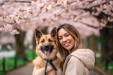 Wall Mural - Headshot portrait photography of a glad girl in her 30s walking a dog against a cherry blossom background. With generative AI technology