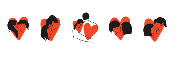 Kissing people. Line portrait. Man and woman couple in love, romantic relationships. Icons with boyfriend and girlfriend together. Valentine day or wedding card. Vector isolated illustration set