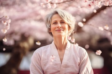 Wall Mural - Close-up portrait photography of a satisfied mature girl meditating against a cherry blossom background. With generative AI technology