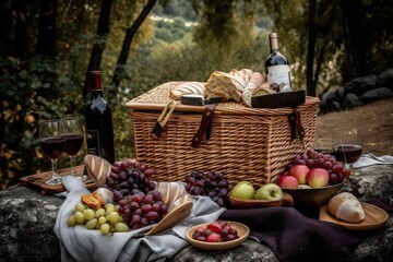 Canvas Print - picnic basket filled with fruits, cheeses, and wine for a romantic picnic, created with generative ai