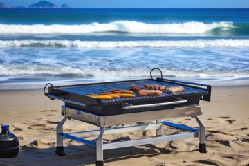 Poster - grill on the beach, with blue waves in the background and warm breeze, created with generative ai