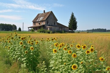 Sticker - old farmhouse with sunflower fields in the background, roadside attraction, created with generative ai