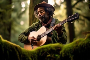 Medium shot portrait photography of a glad mature man playing the guitar against a moss-covered forest background. With generative AI technology