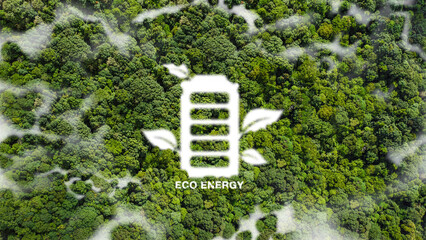 The eco energy concept for the development of eco-battery technologies and energy storage in green and natural environments. electric energy symbol cloud in the shape of green eco energy