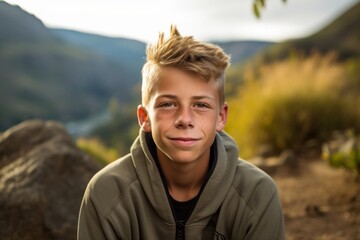 Wall Mural - Headshot portrait photography of a satisfied mature boy meditating against a scenic mountain trail background. With generative AI technology