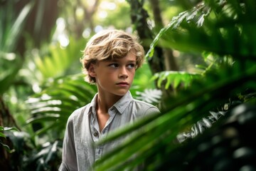 Wall Mural - Photography in the style of pensive portraiture of a grinning mature boy walking against a lush tropical jungle background. With generative AI technology