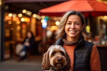 Wall Mural - Headshot portrait photography of a glad mature girl walking with a dog against a lively sports bar background. With generative AI technology