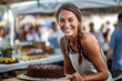 Medium shot portrait photography of a satisfied girl in her 30s making a cake against a bustling farmer's market background. With generative AI technology