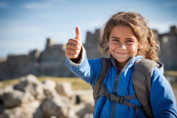 Close-up portrait photography of a joyful kid female with thumbs up against a historic battlefield background. With generative AI technology