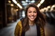 Headshot portrait photography of a grinning girl in her 30s running against a lively brewery background. With generative AI technology