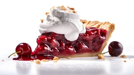 slice of summer time cherry pie isolated on a white background with copy space