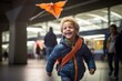 Medium shot portrait photography of a satisfied kid male flying a kite against a bustling subway station background. With generative AI technology