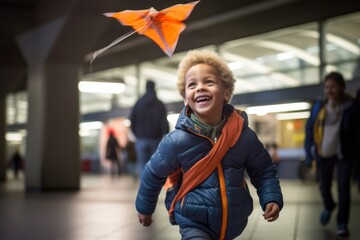 Wall Mural - Medium shot portrait photography of a satisfied kid male flying a kite against a bustling subway station background. With generative AI technology