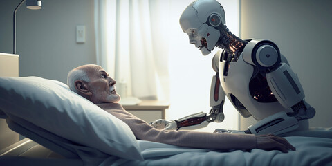 an old patient man is lying on the hospital bed covered with a bedsheet. a humanoid robot nurse anxi