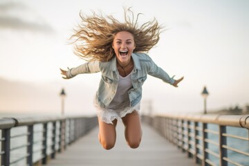 Wall Mural - Close-up portrait photography of a grinning mature girl jumping against a picturesque beach boardwalk background. With generative AI technology