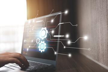 Programmer engineers write programs to develop systems Software of computer equipment. concepts of technology and modern business, coding, and networking online.