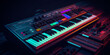 Captivating 80s synthesizer image with vibrant, pulsating keys representing the innovative fusion of electronic and traditional instruments defining the era's bold musical evolution. Generative AI