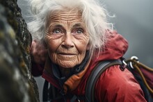 Close-up Portrait Photography Of A Glad Old Woman Practicing Rock Climbing Against A Scenic Mountain Overlook Background. With Generative AI Technology