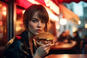 Headshot portrait photography of a tender girl in her 30s eating burguer against a lively pub background. With generative AI technology