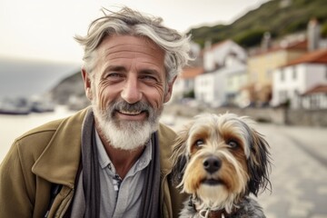 Wall Mural - Close-up portrait photography of a grinning mature man walking a dog against a scenic coastal village background. With generative AI technology