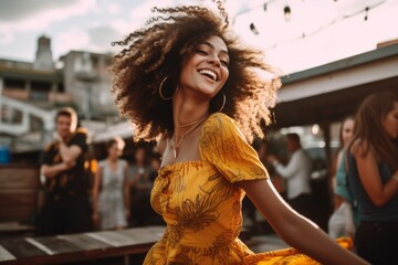 Wall Mural - Medium shot portrait photography of a glad kid female dancing against a lively rooftop bar background. With generative AI technology