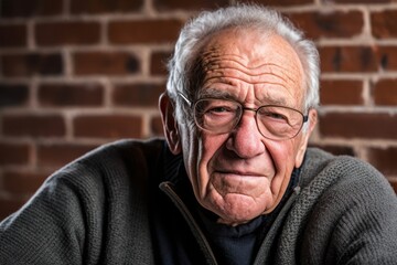 Wall Mural - Headshot portrait photography of a glad old man wearing a cozy sweater against a brick wall background. With generative AI technology