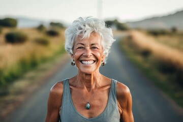 Wall Mural - Lifestyle portrait photography of a satisfied old woman wearing a cute crop top against a winding country road background. With generative AI technology