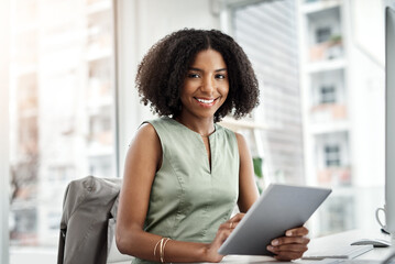 Poster - Tablet, portrait and business woman in office of online management, research and happy with technology solution. Paperless, typing and face of young African person on digital application for analysis