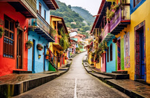 Colorful Street With Colorful Houses Colombia Typical, Generative Ai