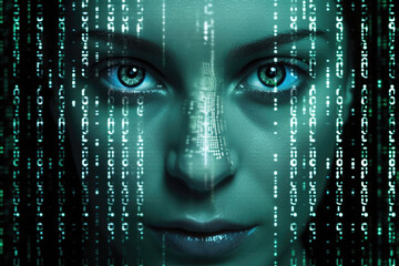 Wall Mural - female face against binary code. human looking at camera from matrix digital signs and numbers. arti