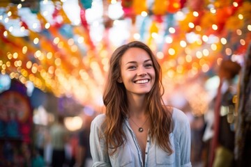 Poster - Lifestyle portrait photography of a happy girl in her 30s wearing comfortable jeans against a vibrant festival background. With generative AI technology