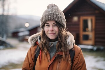 Medium shot portrait photography of a grinning girl in her 30s wearing a warm parka against a mountain cabin background. With generative AI technology