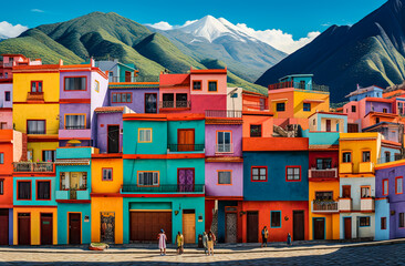 Wall Mural - the colorful painted houses, with the mountains background, generative ai