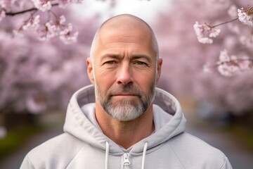 Wall Mural - Headshot portrait photography of a tender mature man wearing a comfortable hoodie against a cherry blossom background. With generative AI technology