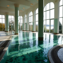 Thermal Pools In The SPA Interior With Ceiling Lighting, Thermal Water Supports The Healing Process And Strengthens The Immune System, Regenerating AI Content.