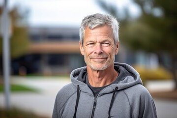 Wall Mural - Headshot portrait photography of a satisfied mature man wearing a comfortable hoodie against a school campus background. With generative AI technology