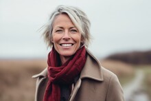 Medium Shot Portrait Photography Of A Joyful Mature Woman Wearing A Cozy Winter Coat Against A Rustic Windmill Background. With Generative AI Technology