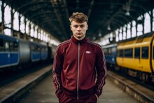 Lifestyle Portrait Photography Of A Glad Mature Boy Wearing A Comfortable Tracksuit Against A Historic Train Background. With Generative AI Technology