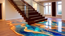 Stair Riser With Epoxy Resin Pattern. It Gives A Very Nice Modern Style Look. Luxury Building, Interior, Generative Ai