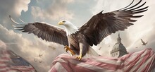 Eagle Flying In The Sky Holding An American Flag In Its Talons Generative AI