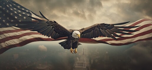 Poster - eagle flying in the sky holding an american flag in its talons Generative AI