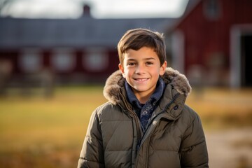 Wall Mural - Lifestyle portrait photography of a happy boy in his 30s wearing a cozy winter coat against a sprawling ranch background. With generative AI technology